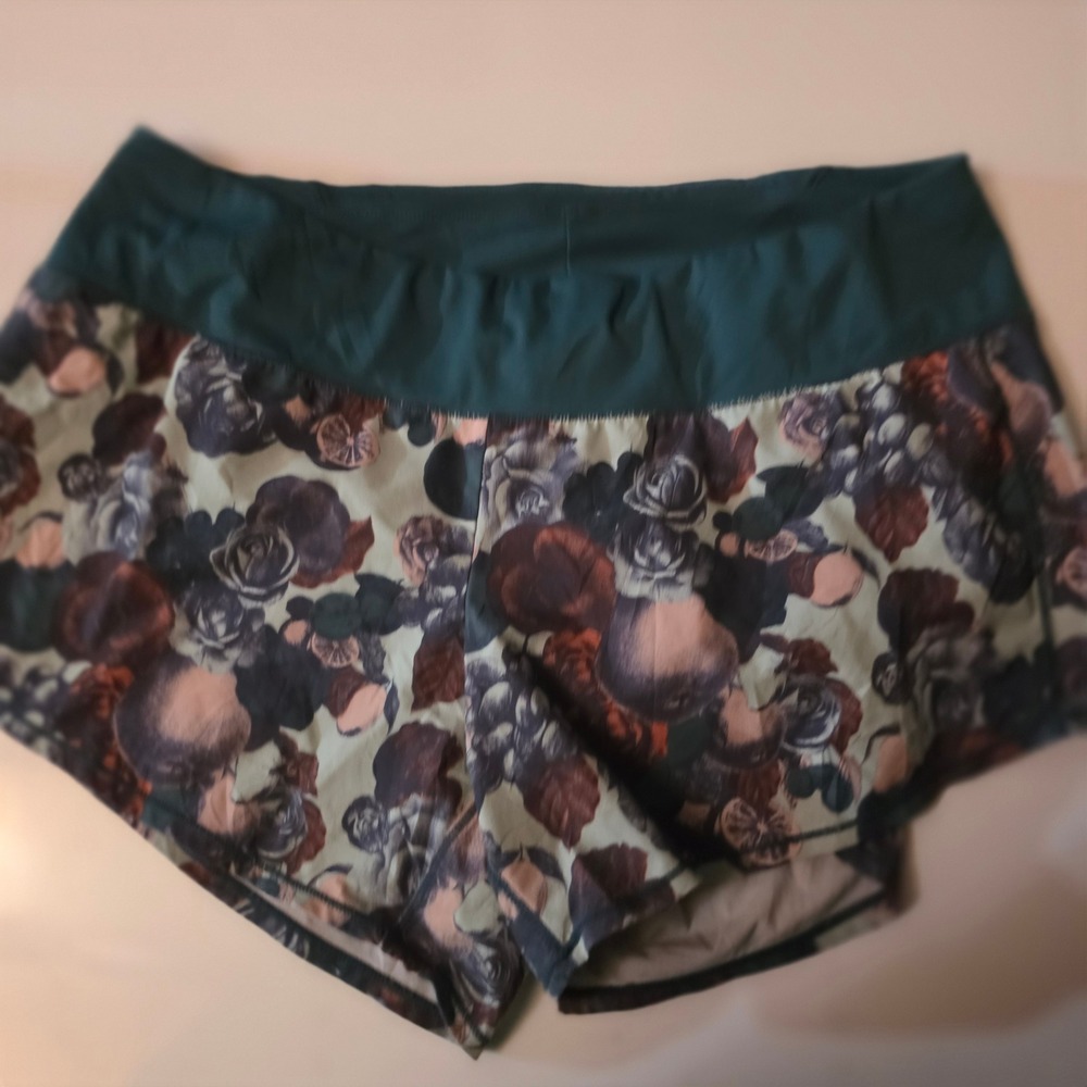 Oiselle Womens Floral Running Shorts Teal Green Size 10 Activewear Workout